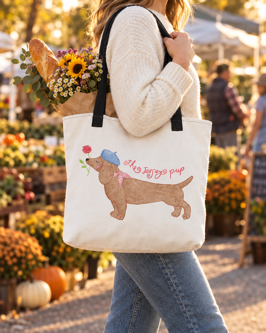 Jersey Pup Tote carried at a farmers market