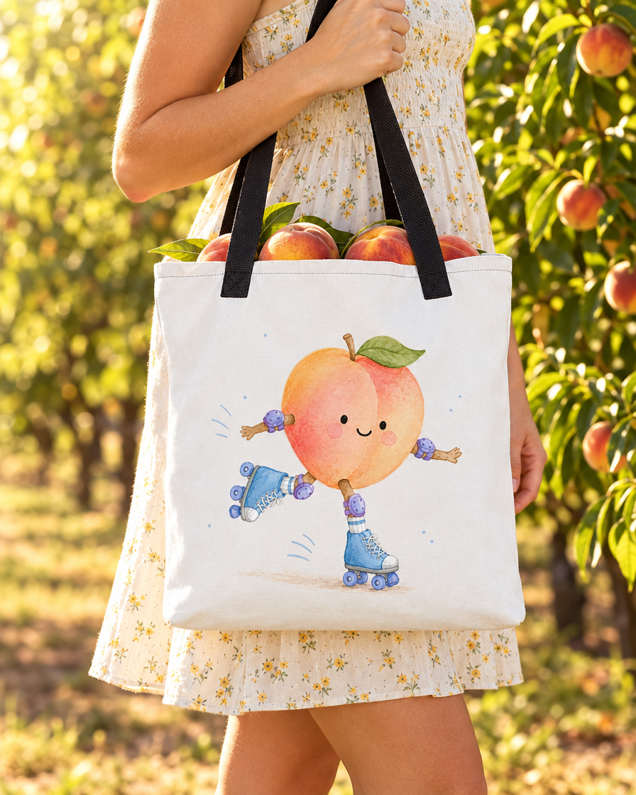 Peachy Keen Tote filled with peaches in an orchard