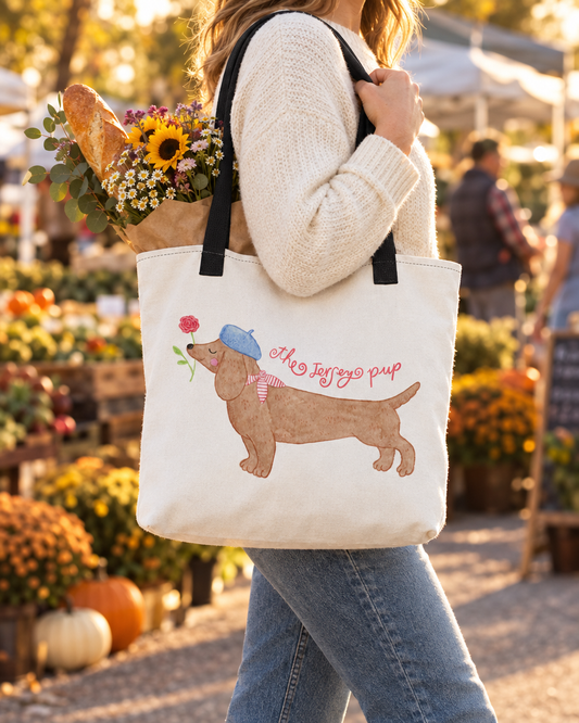 Jersey Pup Tote carried at a farmers market