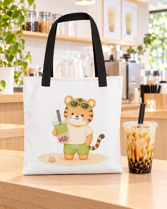Boba Tiger Tote at a bubble tea shop