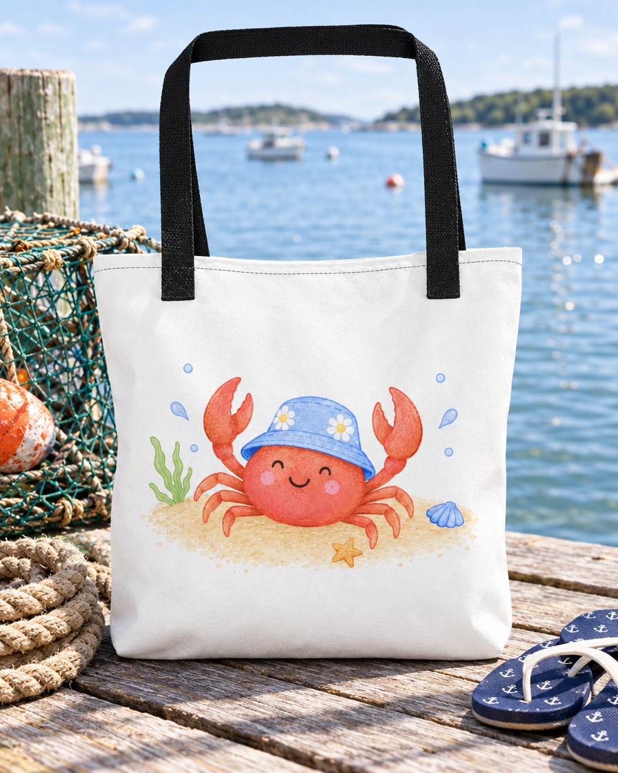 Sandy Crab Tote on a bayside dock