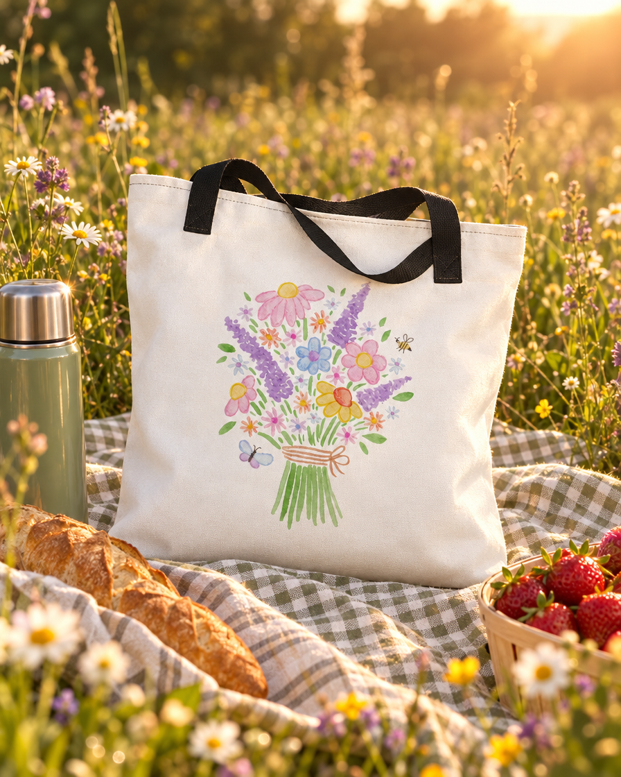 Wildflowers Tote on a picnic blanket