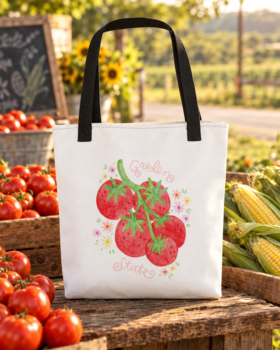 Garden State Tomatoes Tote at a farm stand