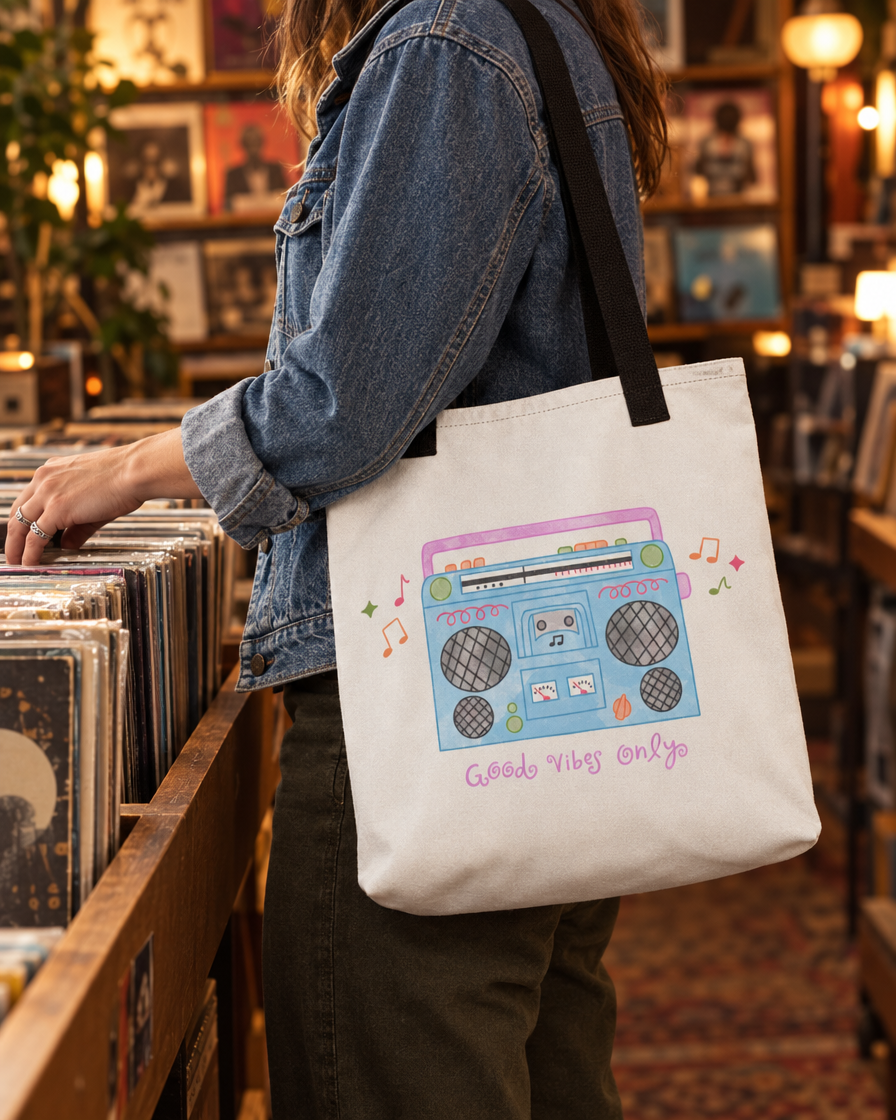 Good Vibes Only Tote in a record store