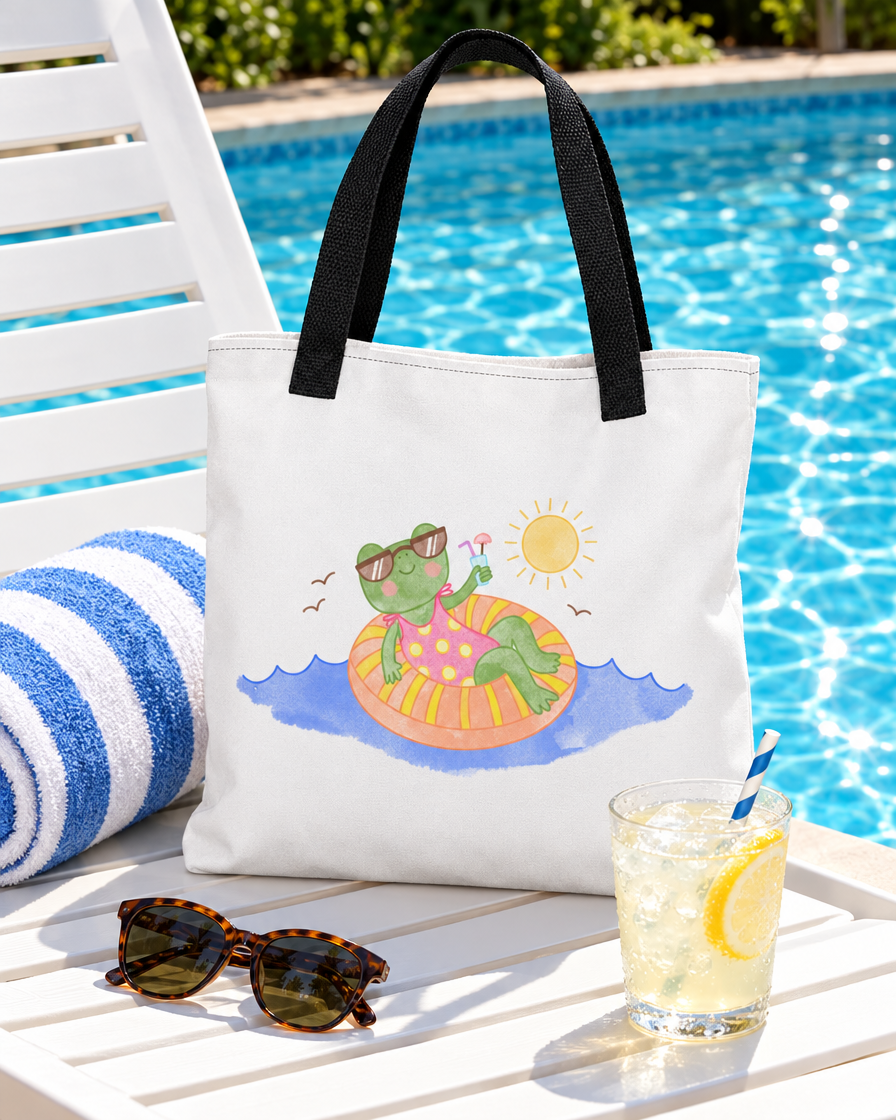 Pool Float Frog Tote on a poolside lounge chair