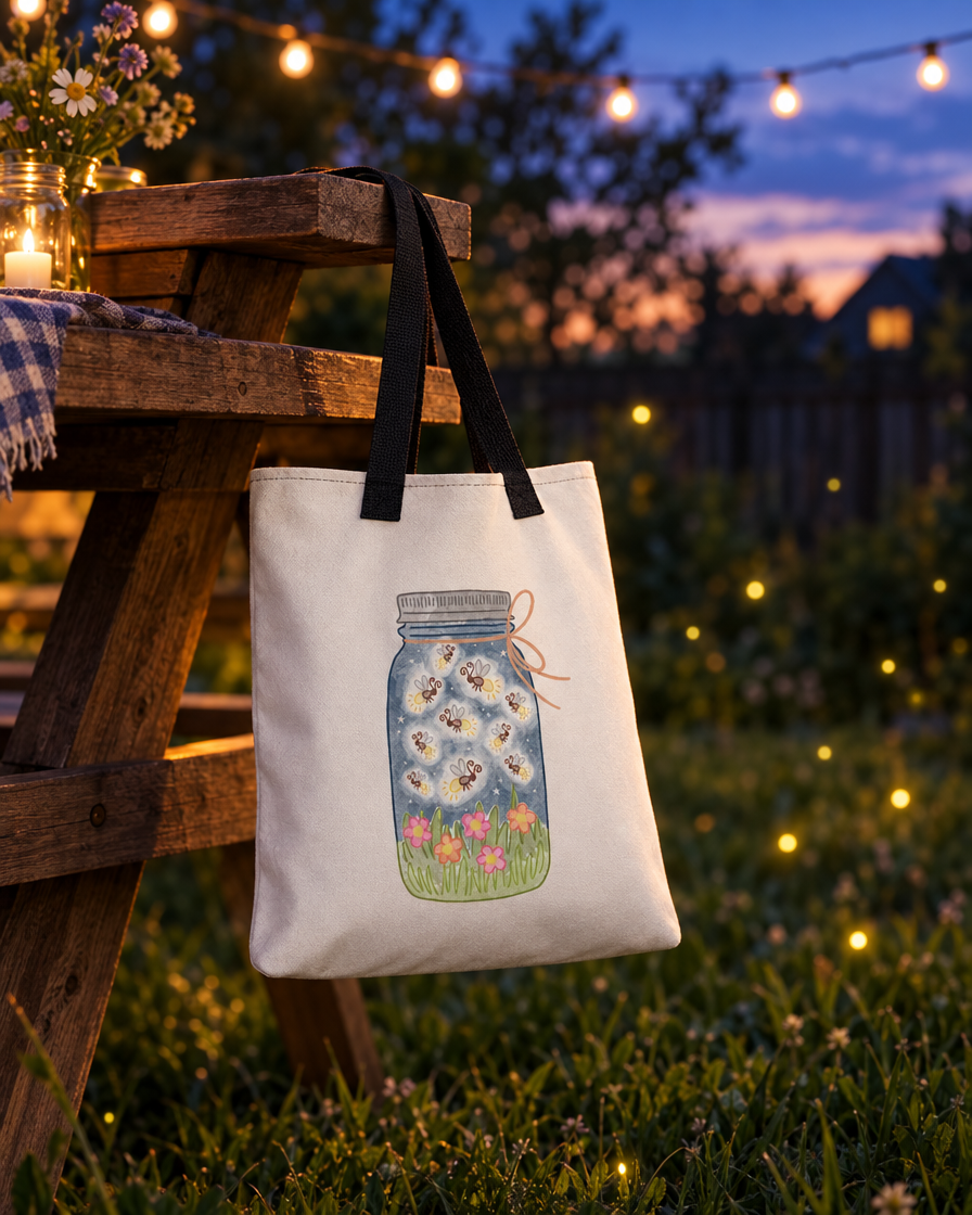 Firefly Nights Tote in a backyard at dusk