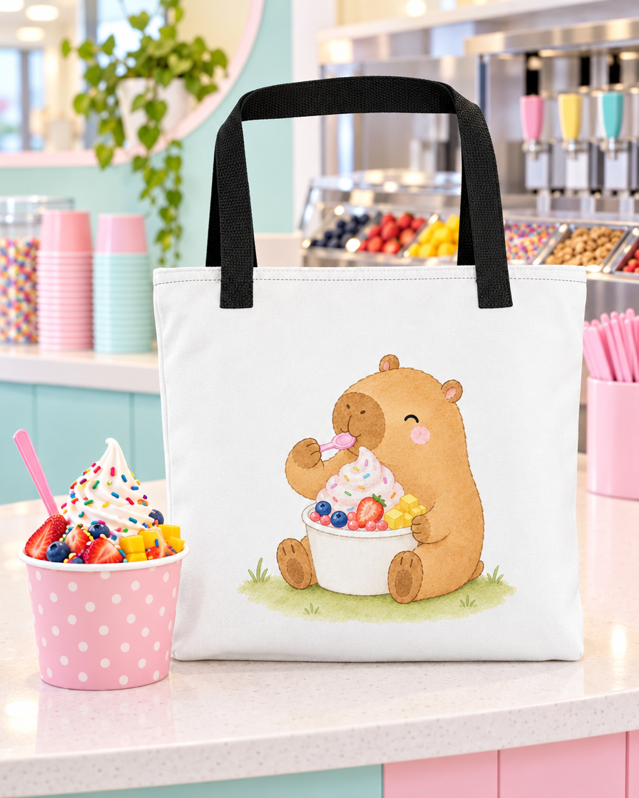 Froyo Capybara Tote at a frozen yogurt shop
