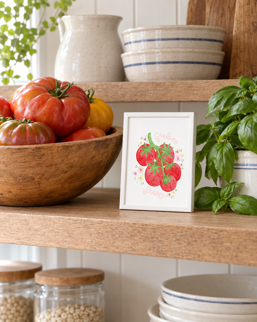 Garden State Tomatoes Print framed beside fresh tomatoes