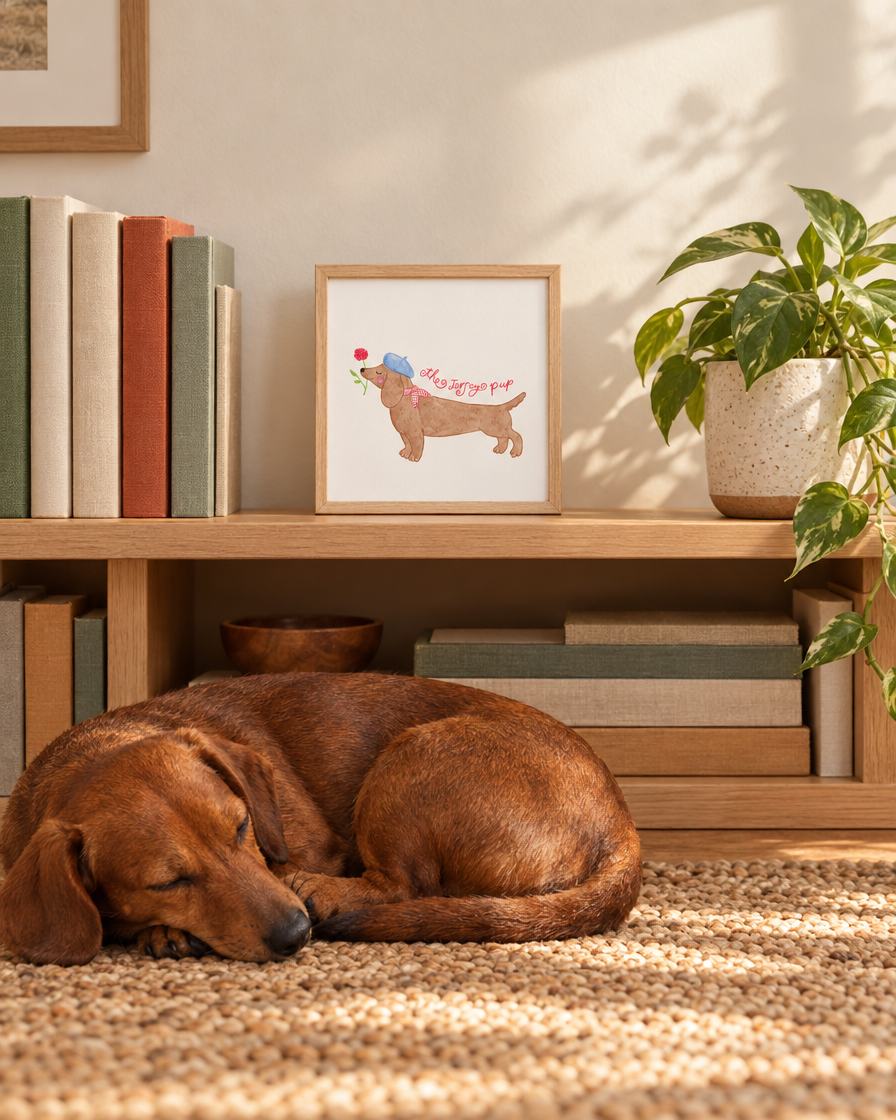 Jersey Pup Print framed on a bookshelf with a dachshund