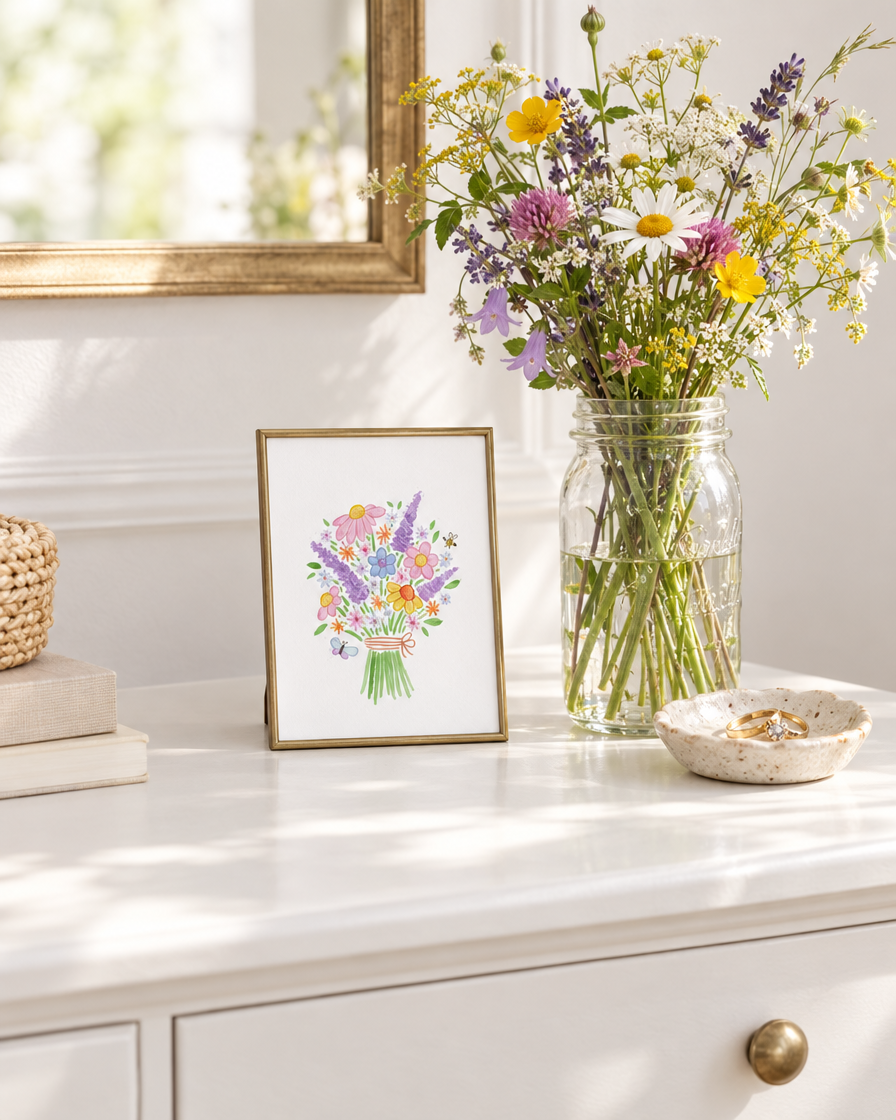 Wildflowers Print framed on a dresser with wildflowers