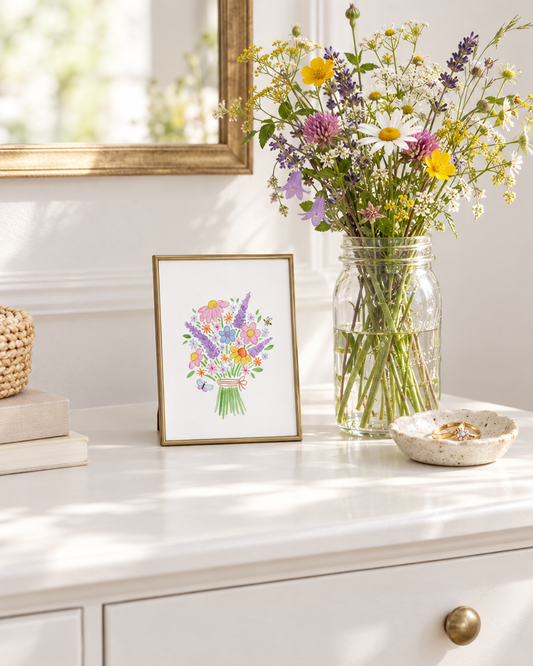 Wildflowers Print framed on a dresser with wildflowers