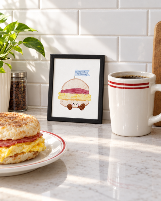 Pork Roll Print framed on a kitchen counter