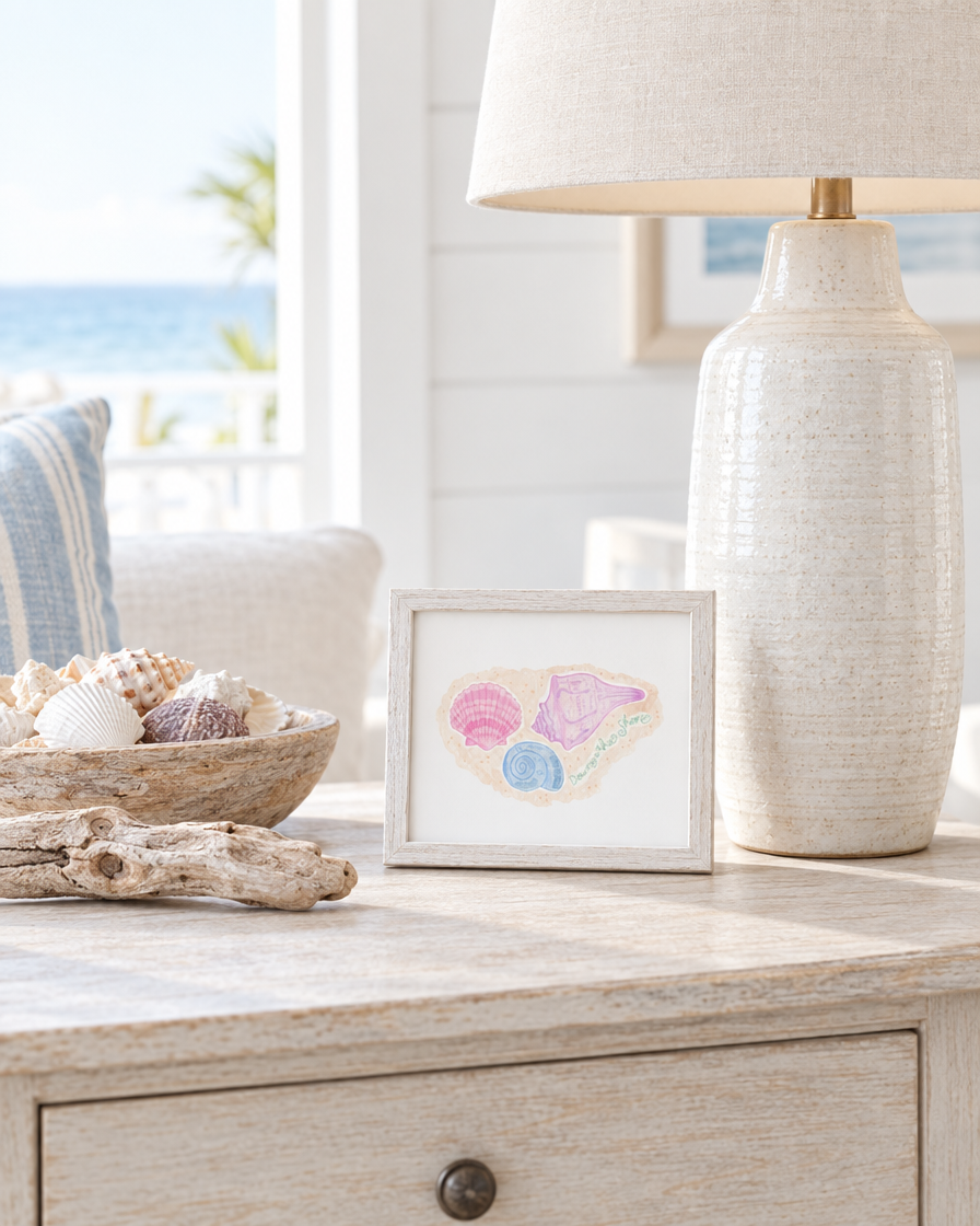 Jersey Shore Print framed on a beach house side table