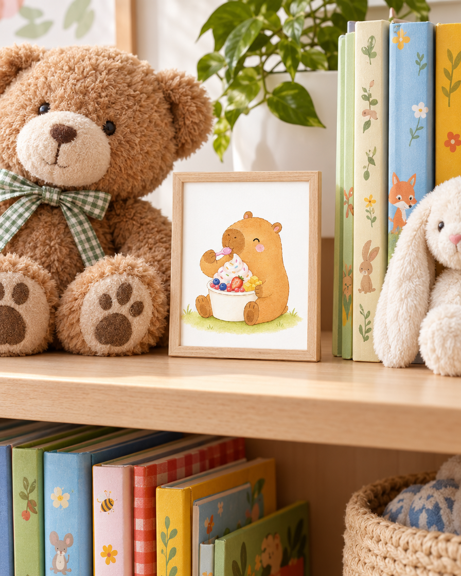 Froyo Capybara Print framed on a kid's bookshelf