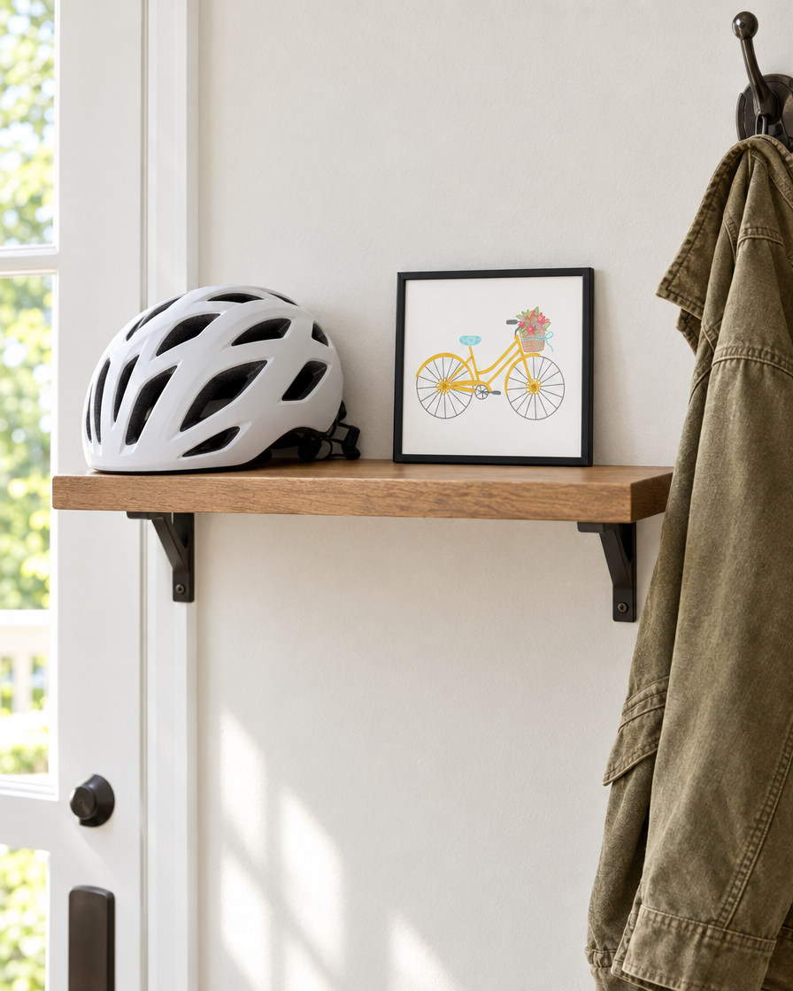 Garden State Cruiser Print framed on a mudroom shelf