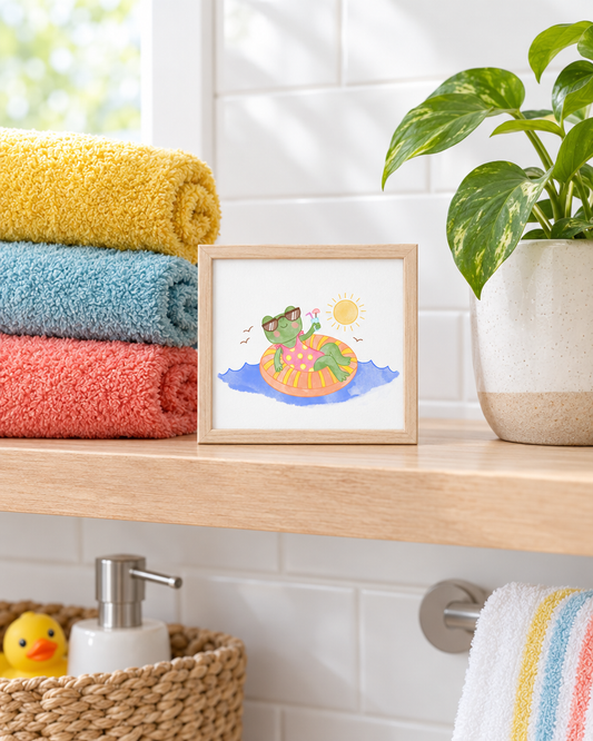 Pool Float Frog Print framed on a bathroom shelf