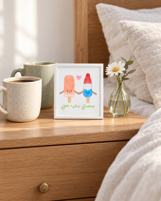 You + Me Print framed on a nightstand