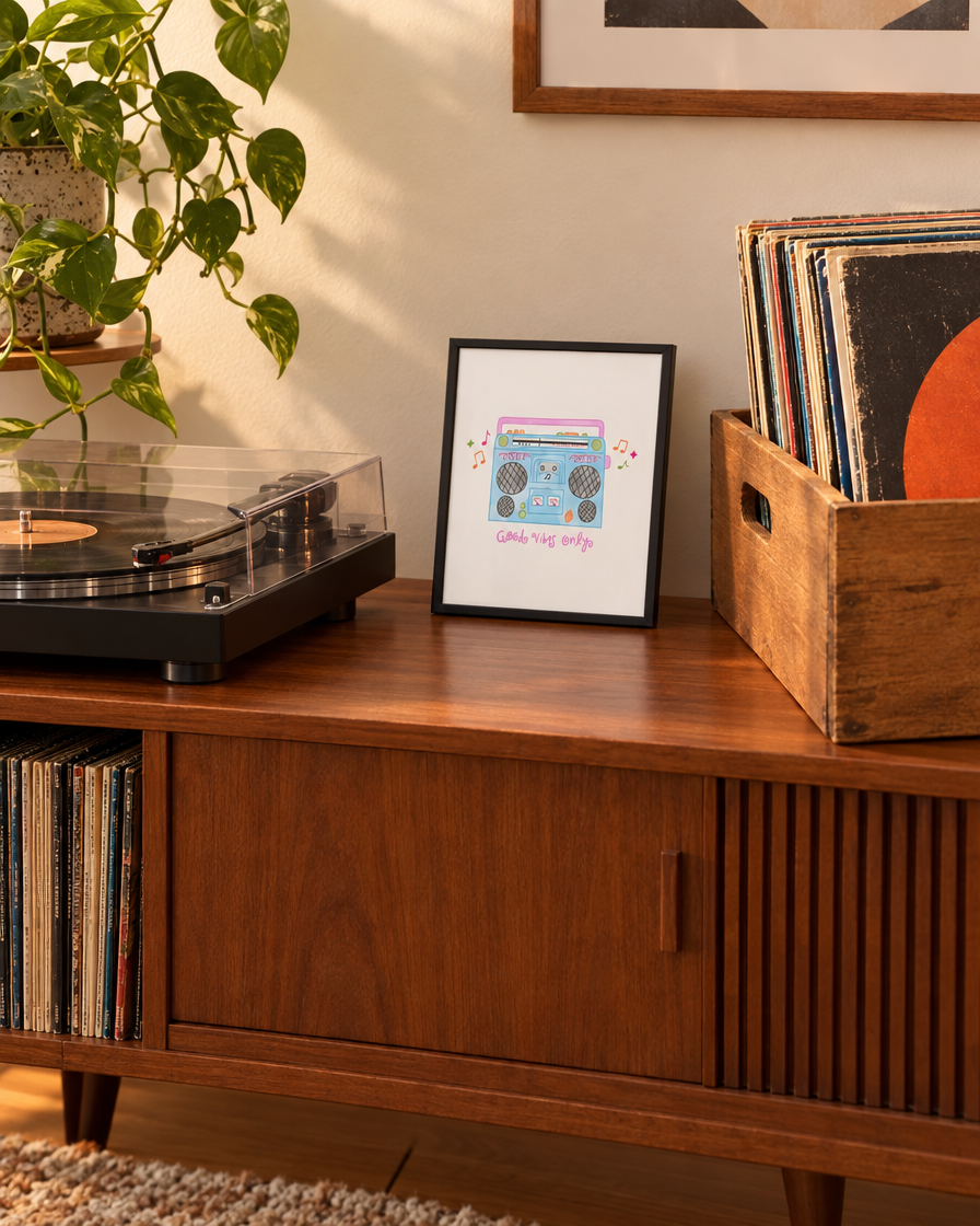 Good Vibes Only Print framed next to a turntable