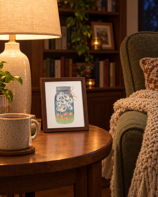 Firefly Nights Print framed on a side table by lamplight