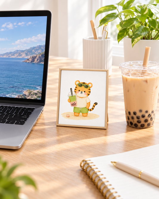Boba Tiger Print framed on a desk