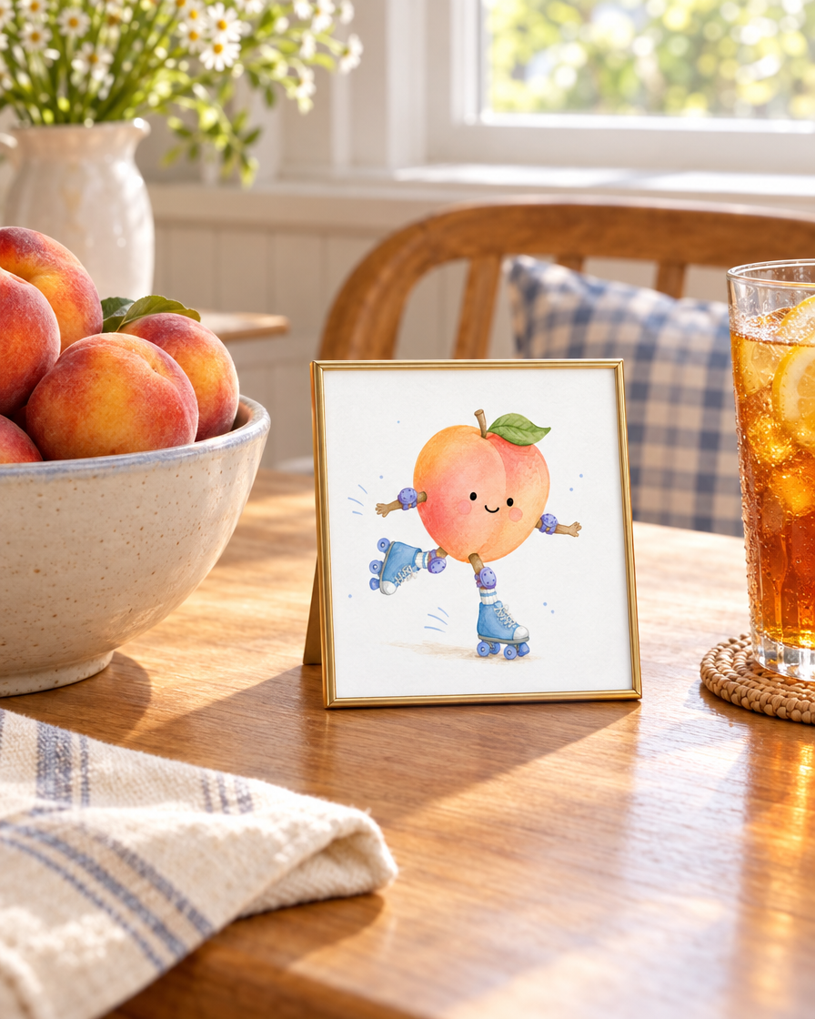 Peachy Keen Print framed beside a bowl of peaches