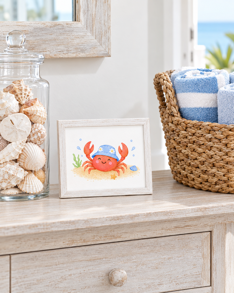 Sandy Crab Print framed on a coastal hallway table
